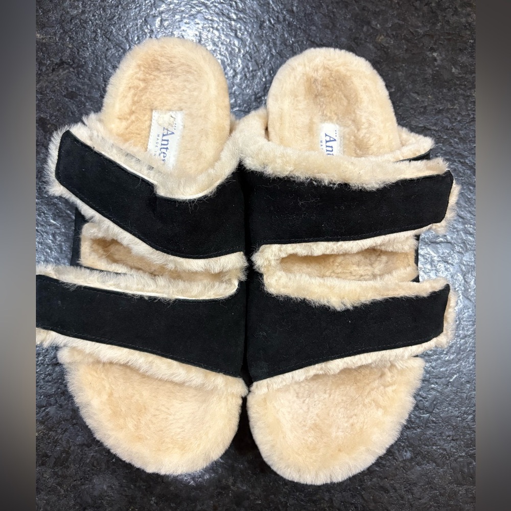 Antenora Black Suede Shearling Slides Size 39 Preowned